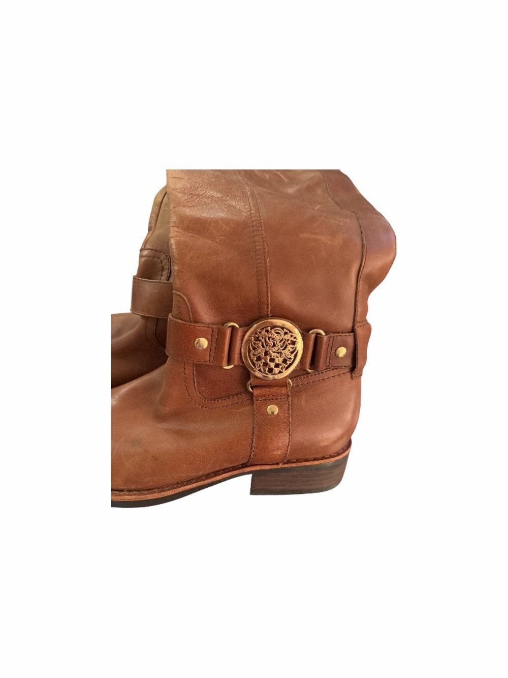 Vince Camuto Brown Leather Women's Harness Boots with Decorative Medallion